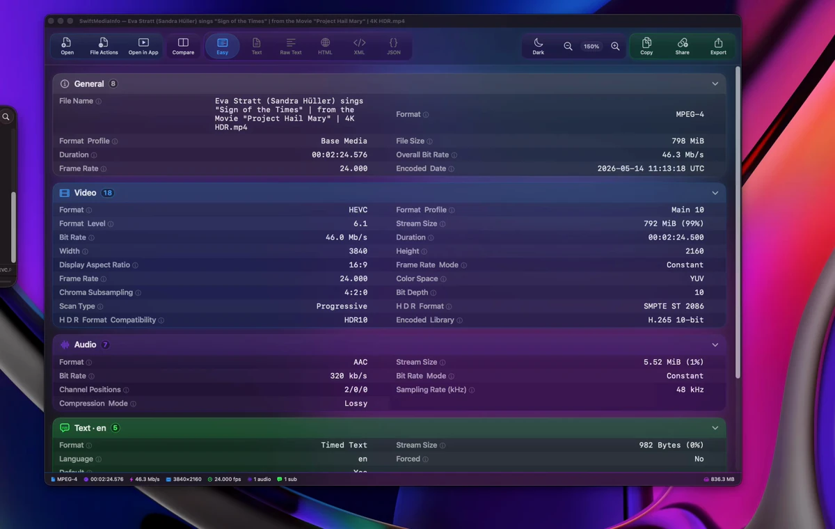 SwiftMediaInfo entering Compare Mode, with two files side by side.