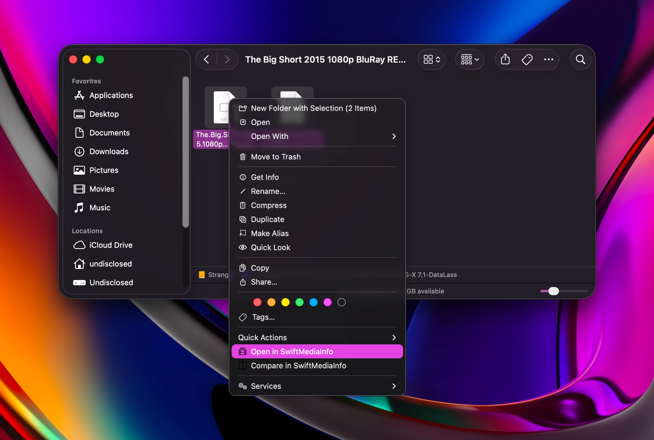The Finder right-click menu with the SwiftMediaInfo entry.