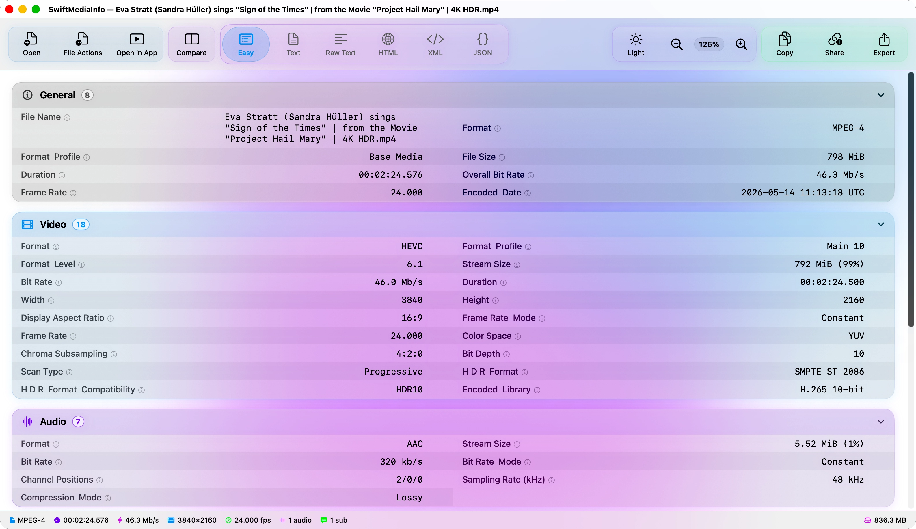 SwiftMediaInfo showing a video file in Easy View, fields grouped by track.